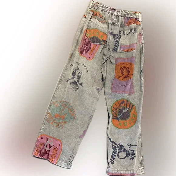 Graphic Patchwork Acid-Wash Wide Leg Pants in Lavender & Orange - Picture 3 of 3
